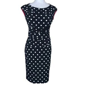 Dress Barn Vintage Black White Polka Dot Ruched Waist Cap Sleeve Midi Dress Sz 4